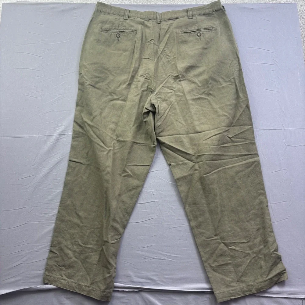 Eddie Bauer Mens 42 Tall Olive Green Linen Cotton Blend Pleated Chino Pants